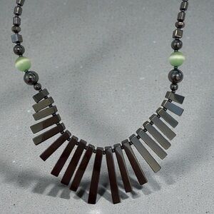 Vintage Goddess Hematite & Green Cat’s Eye Boho Statement Necklace